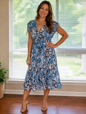 Coastal Comfort Blue Floral V-Neck Dress Size Large NWOT Summer Beach Vacation